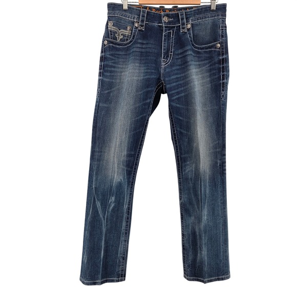 Rock Revival Tyson Straight Mens 34 Blue Jeans Thick Stitch Y2K Streetwear